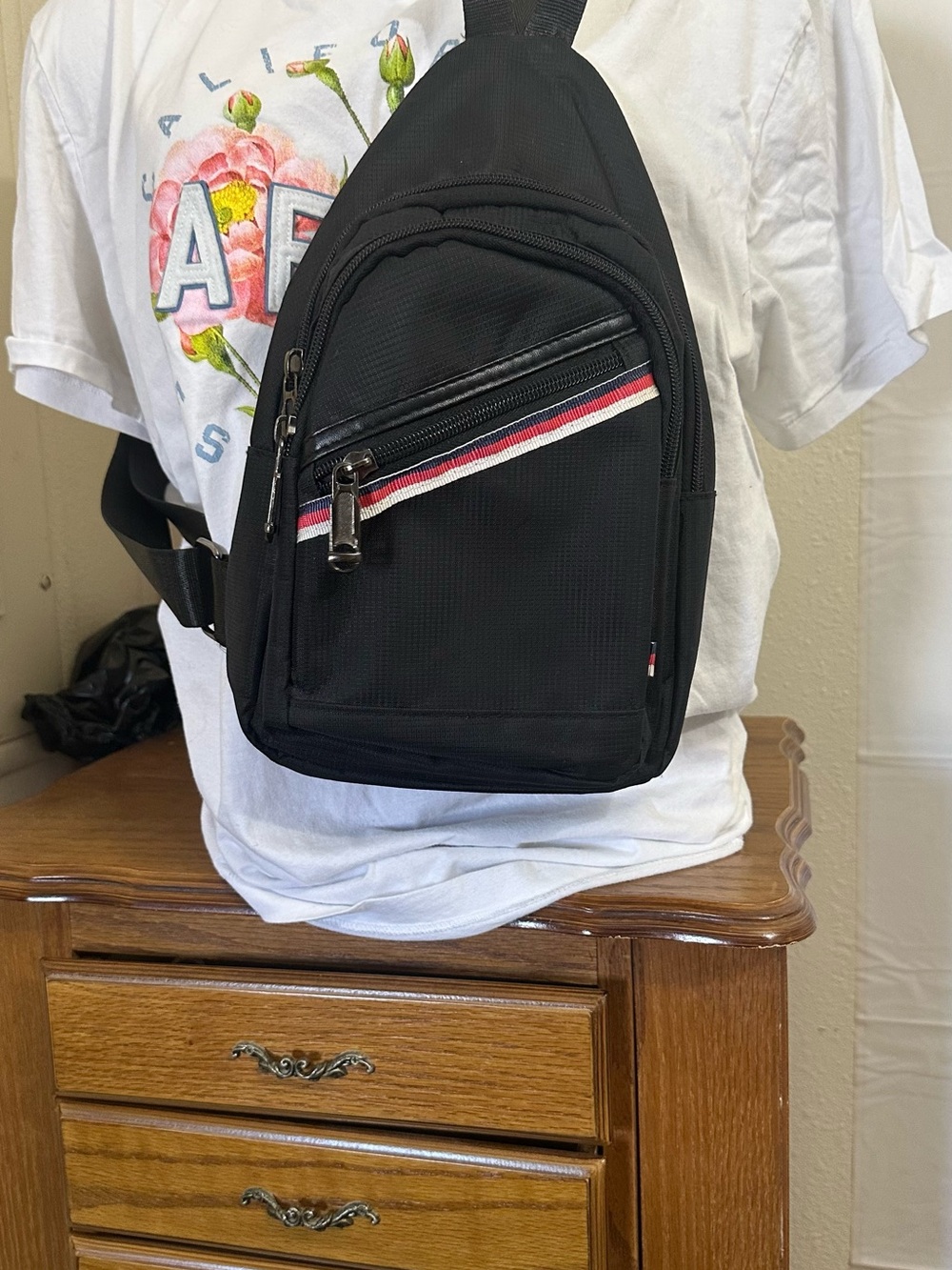 Black Men's Sling Belt Bag with Tricolor Accent
